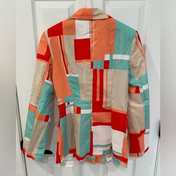 GLAMAKER Vintage Geometric One Button Blue Red Orange Colorblock Blazer Size S - Picture 2 of 7